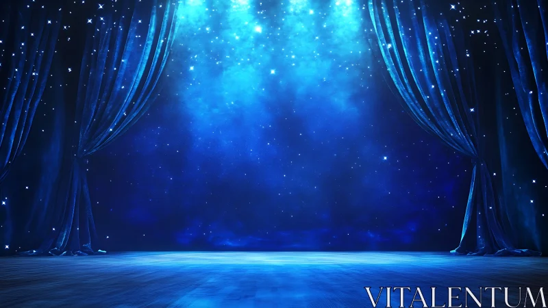 Starry blue theater stage under dramatic spotlight glow.