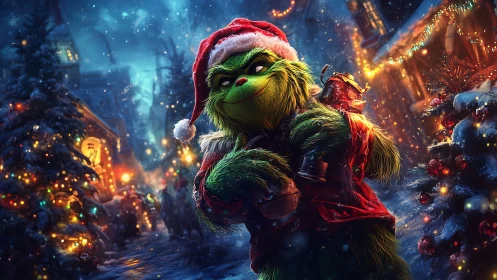 3D Christmas mischief character in vibrant nocturne village.