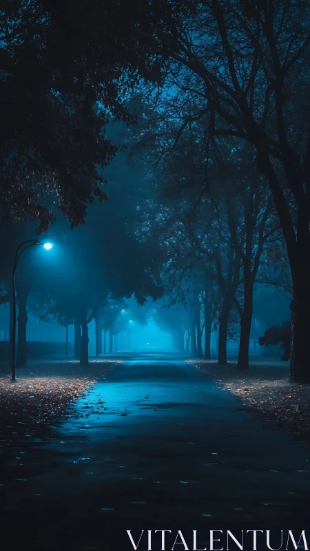 Tree-lined park pathway illuminated by blue streetlights.
