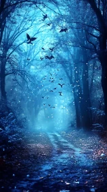 Flock of birds flies above blue forest path at twilight