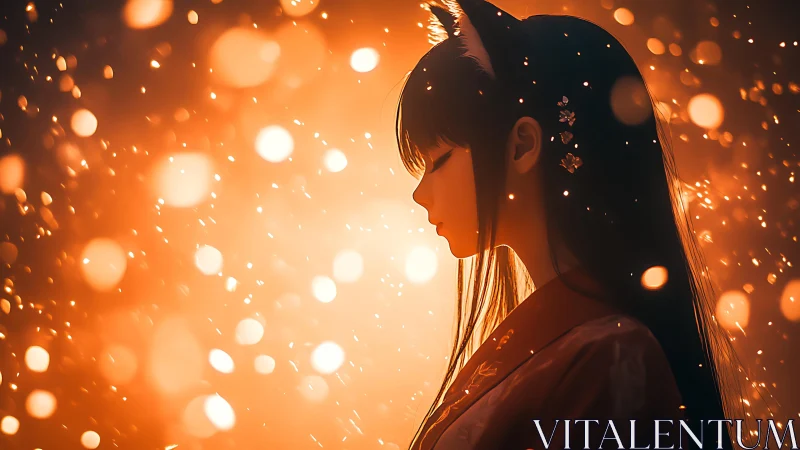 Fox-eared girl in glowing bokeh, side-profile silhouette.