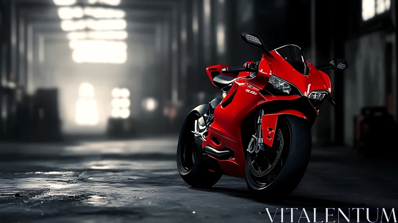 Red superbike rendered with high-gloss materials in dim warehouse