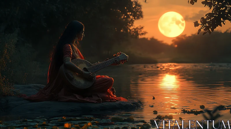 Moonlit sitar river hymn where dusk hums in amber silence.