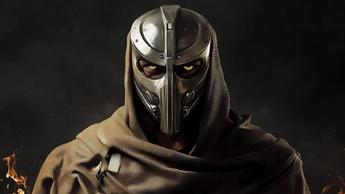 Hooded metal-masked warrior stares through ominous shadows.