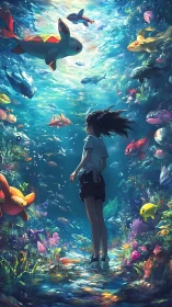 Girl observing colorful fantasy fish in glowing reef seascape.