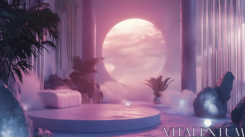 3D pastel lounge with circular plinth and glowing portal sun.