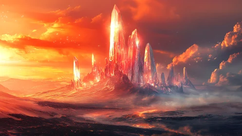 Crystalline spires dominate a molten horizon under volumetric light