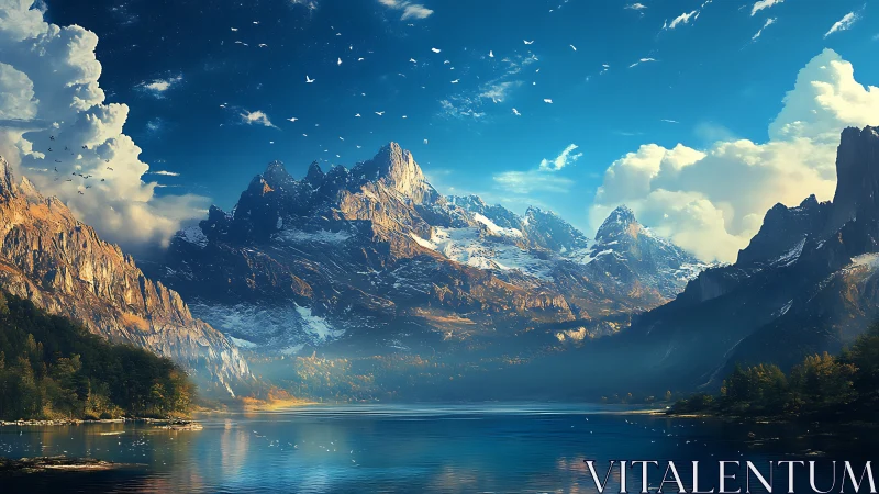 Sunlit alpine peaks rise over a tranquil reflective lake