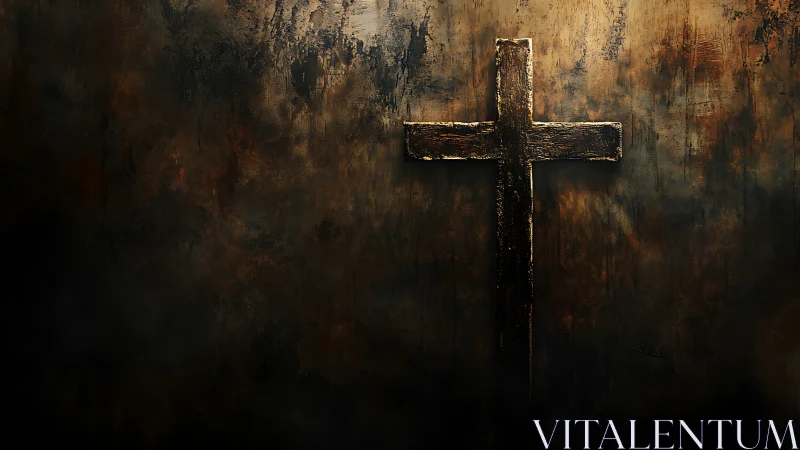 Weathered wooden cross on dark textured wall background.