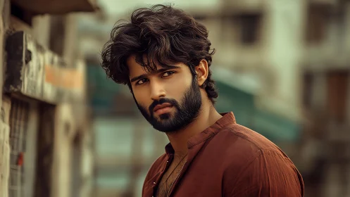 Shallow depth portrait of bearded man in warm urban backstreet