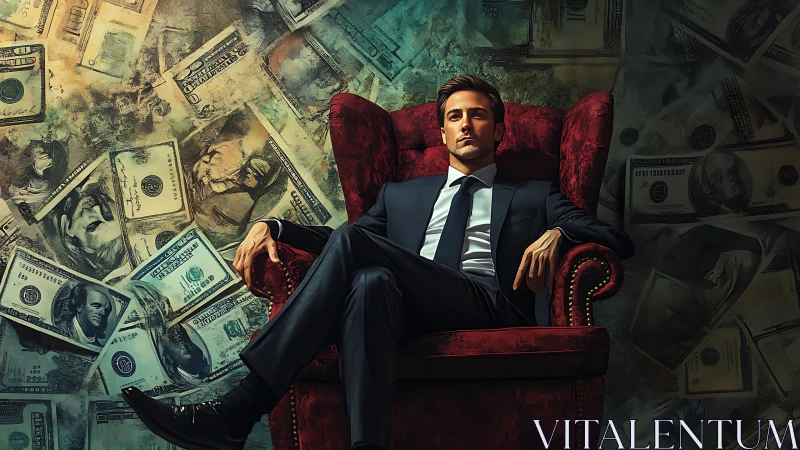 Power-dressed magnate reclining amid swirling money.