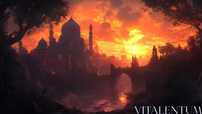 Sunlit domed city glowing beneath a dreamlike fiery sky.