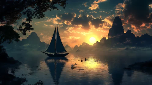 Golden sunset welcomes a quiet sail through misty peaks