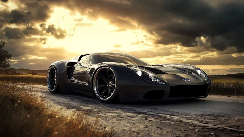Sleek black sports car welcomes the sunset on a quiet road