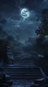 Moonlit stone stairway climbs into a quiet celestial hush