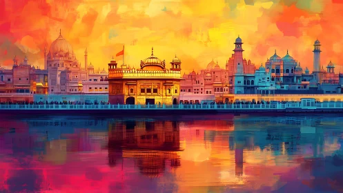 Golden Temple skyline under vivid sunset reflection.