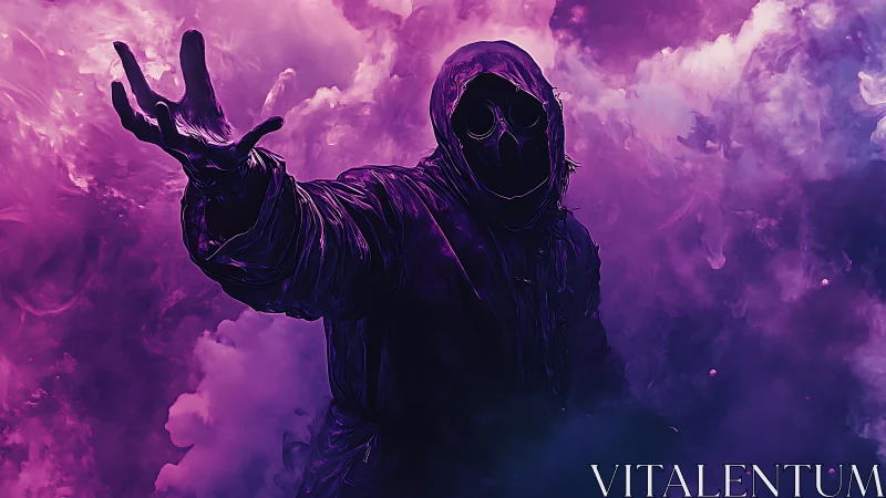 Hooded cyber occult figure emerges from neon vapor field