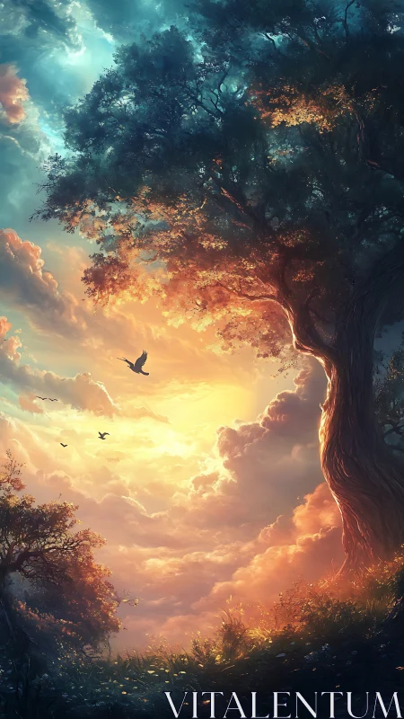 Large tree against luminous sky with birds in flight.