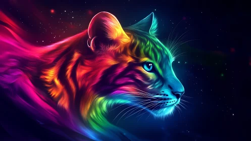 Neon spectrum tiger profile rendered on dark cosmic field.