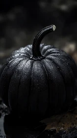 Black pumpkin stands wet in close-up low key lighting