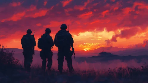 Soldiers watch a blazing war-torn sunset horizon in silence.