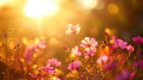 Pink wildflowers in low sun with strong golden backlight.