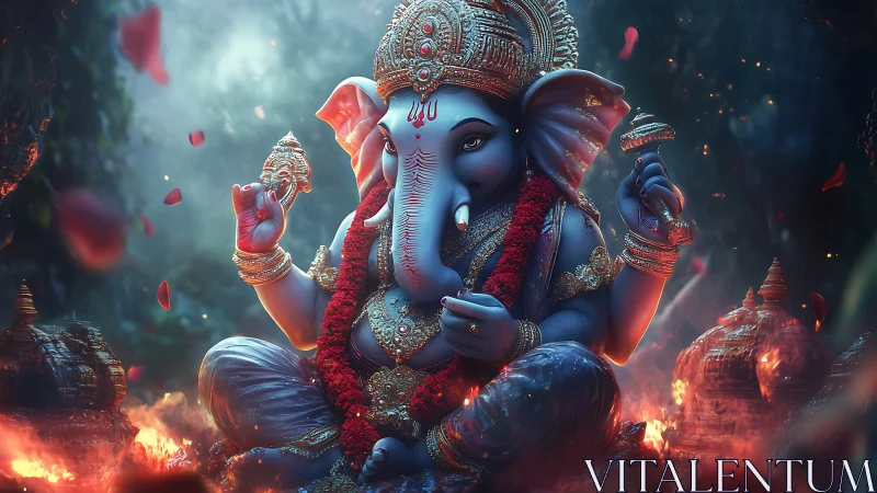 Divine Ganesha sits in glowing embers of a sacred forest