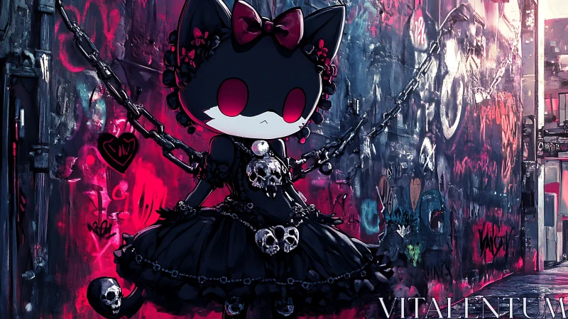 Gothic alley cat girl stands bold in chains and neon light