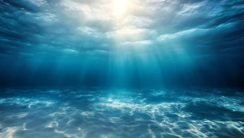 Sunlit ocean floor glows under cascading blue light