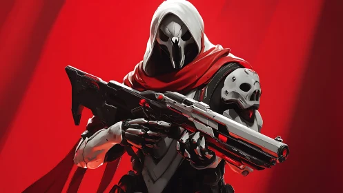 Hooded cyber assassin levels rifle under crimson light.