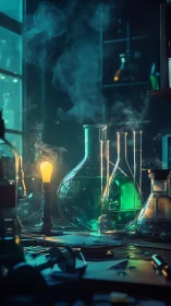 Laboratory glassware with green chemical solutions and vapor.