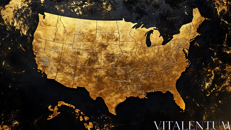 Gilded relief map of the United States on textured black field.
