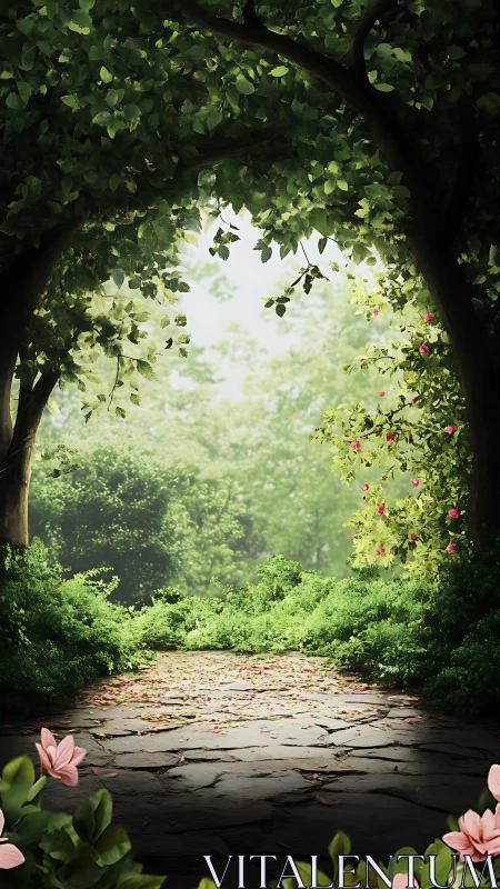 Garden pathway framed by lush foliage and flowering vines.