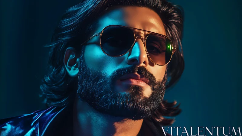 Cool bearded portrait glowing with teal and amber light.