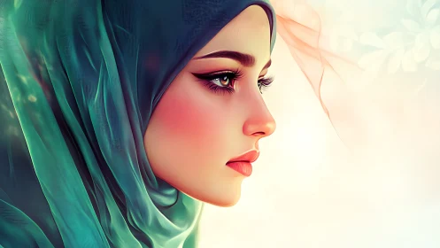 Side profile portrait shows young woman wearing teal hijab