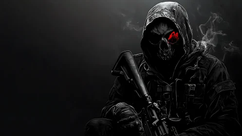 Hooded skull soldier with rifle in dark smoky scene.