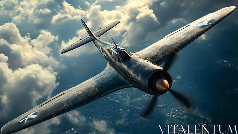 WWII-era fighter aircraft banking over clouds in flight.