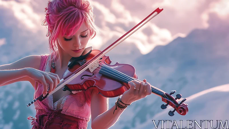 Pink haired violinist weaving music through mountain light.