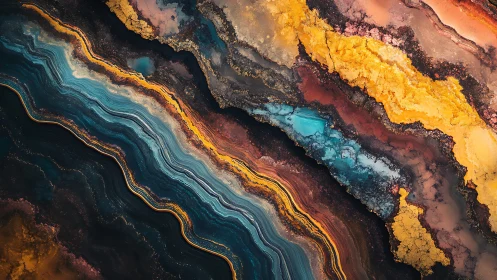 Layered mineral strata abstraction with fluid-marbled chromatic bands