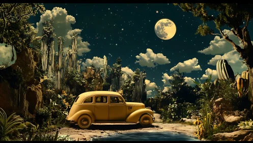 Vintage yellow car under cinematic moonlit jungle sky.