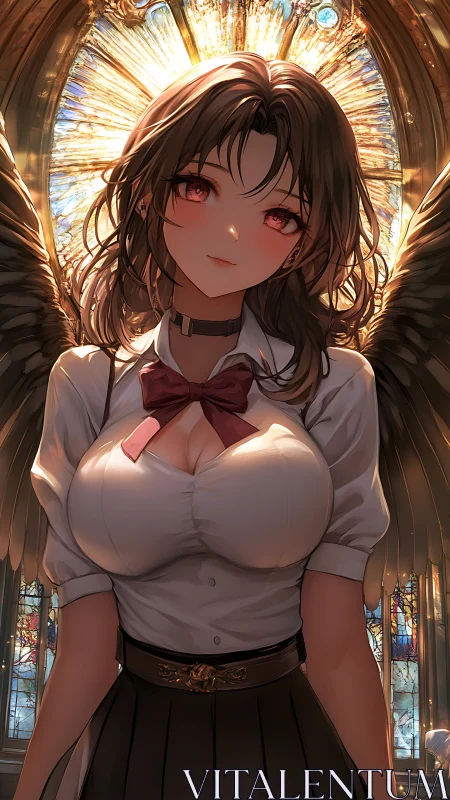 Winged anime girl stands before stained glass window halo