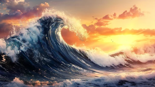 Sunlit ocean wave curls under blazing radiant sunset sky.