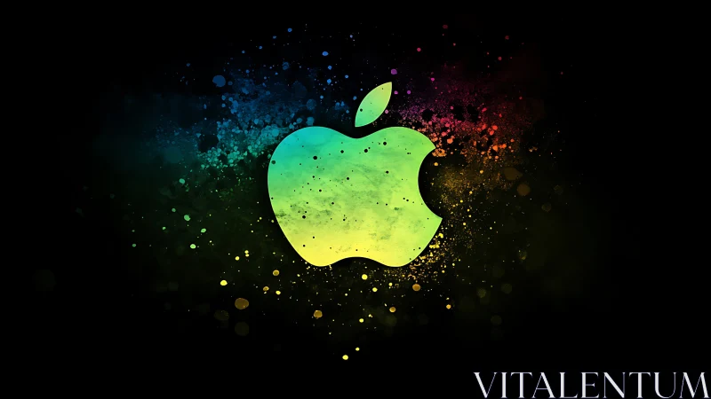 Neon apple silhouette splashes color across the digital void
