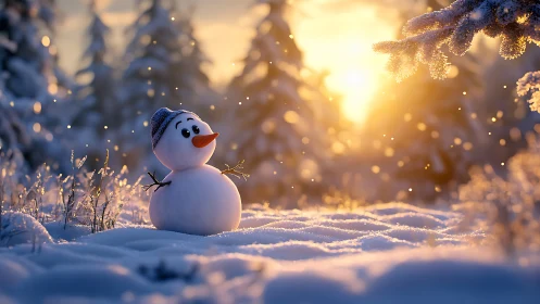 Cheerful snowman sits in glowing winter forest sunset