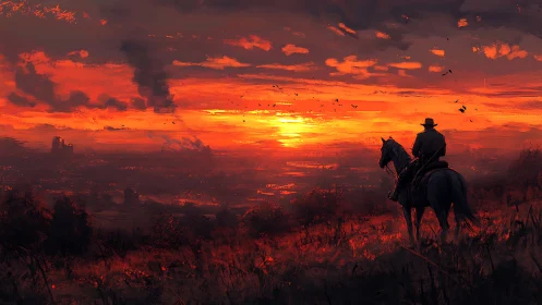 Lone rider observing red sunset over distant cityscape.