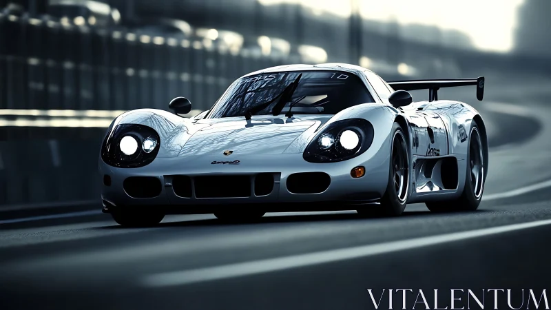 White endurance race car powers through urban circuit.