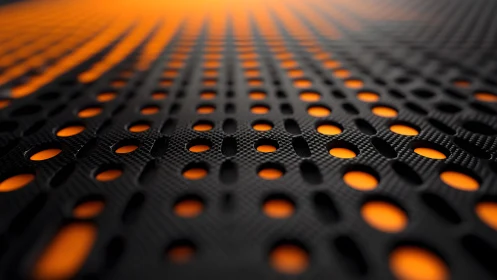 Abstract close-up of black perforated surface with glowing orange light.