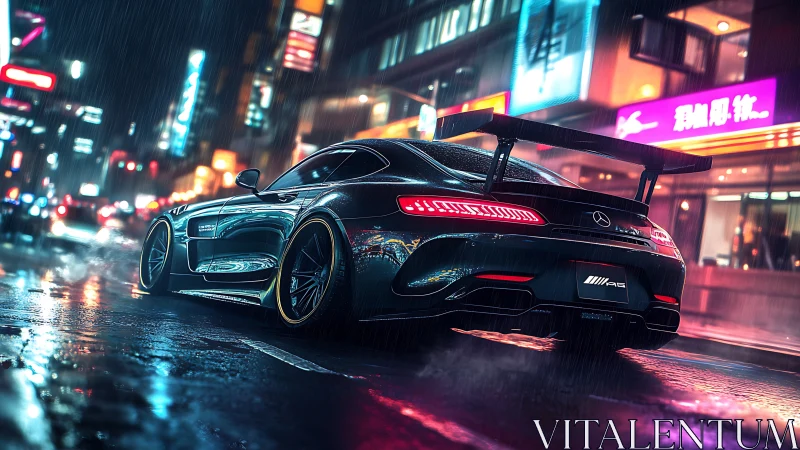 Rain-slicked supercar prowls neon-drenched midnight avenues.