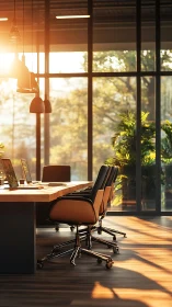 Contemporary Office Space with Golden Hour Illumination and Industrial Fenestration