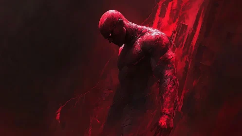 Concept art silhouette of red fractured humanoid figure.